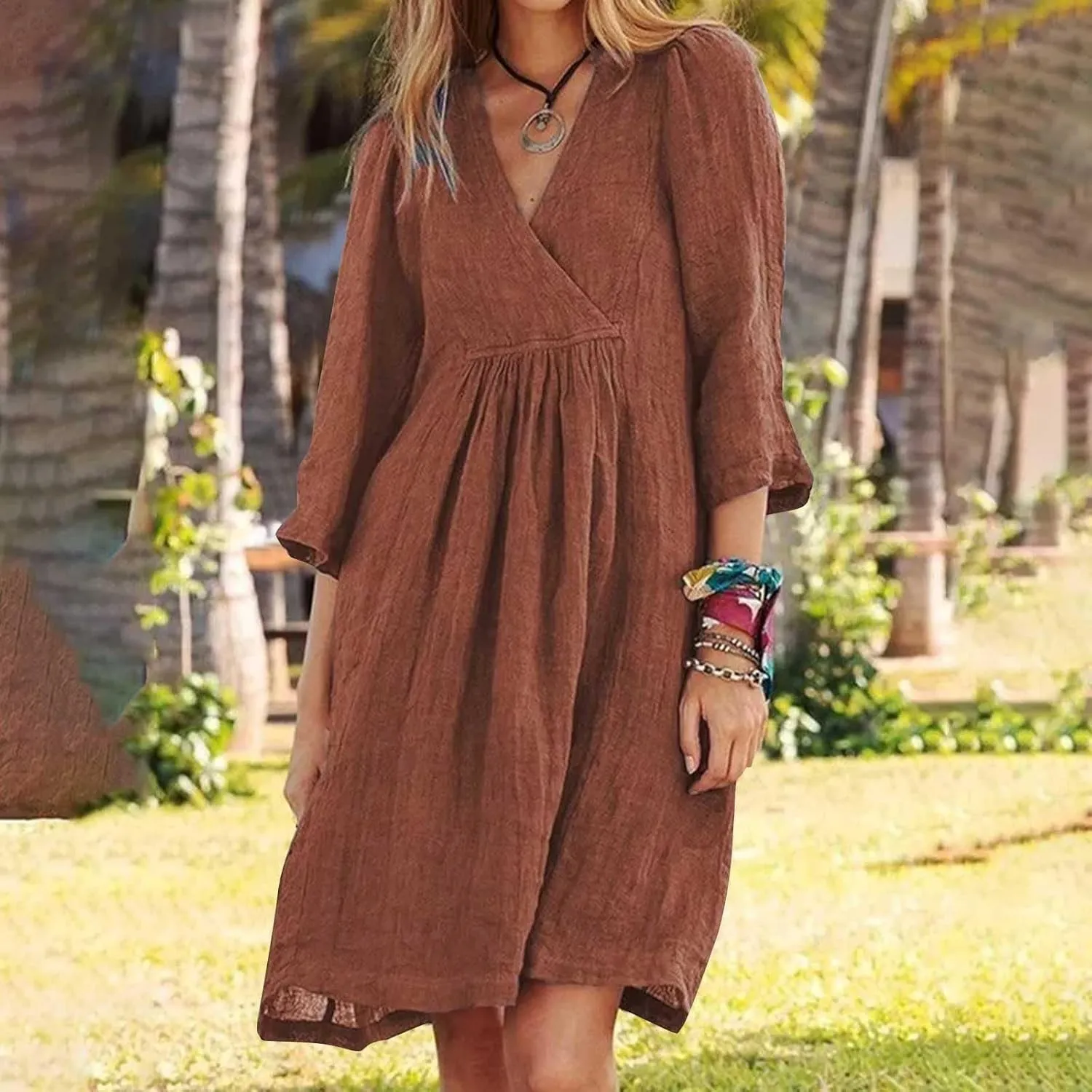 Womens Cotton Linen Midi Dress Summer Solid Color Short Sleeve V-Neck T-Shirt Dresses Plus Size Flowy Beach Dress
