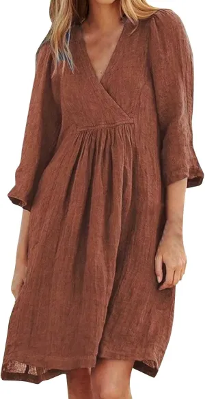 Womens Cotton Linen Midi Dress Summer Solid Color Short Sleeve V-Neck T-Shirt Dresses Plus Size Flowy Beach Dress