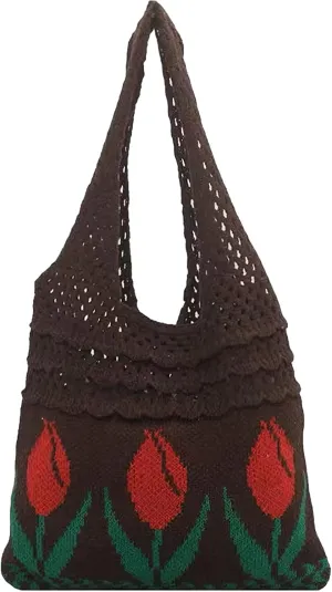 Women's Crochet Tote Bag Aesthetic Fairy Hobo Bag Flower Shoulder Bag Mesh Beach Bag Summer Accessories