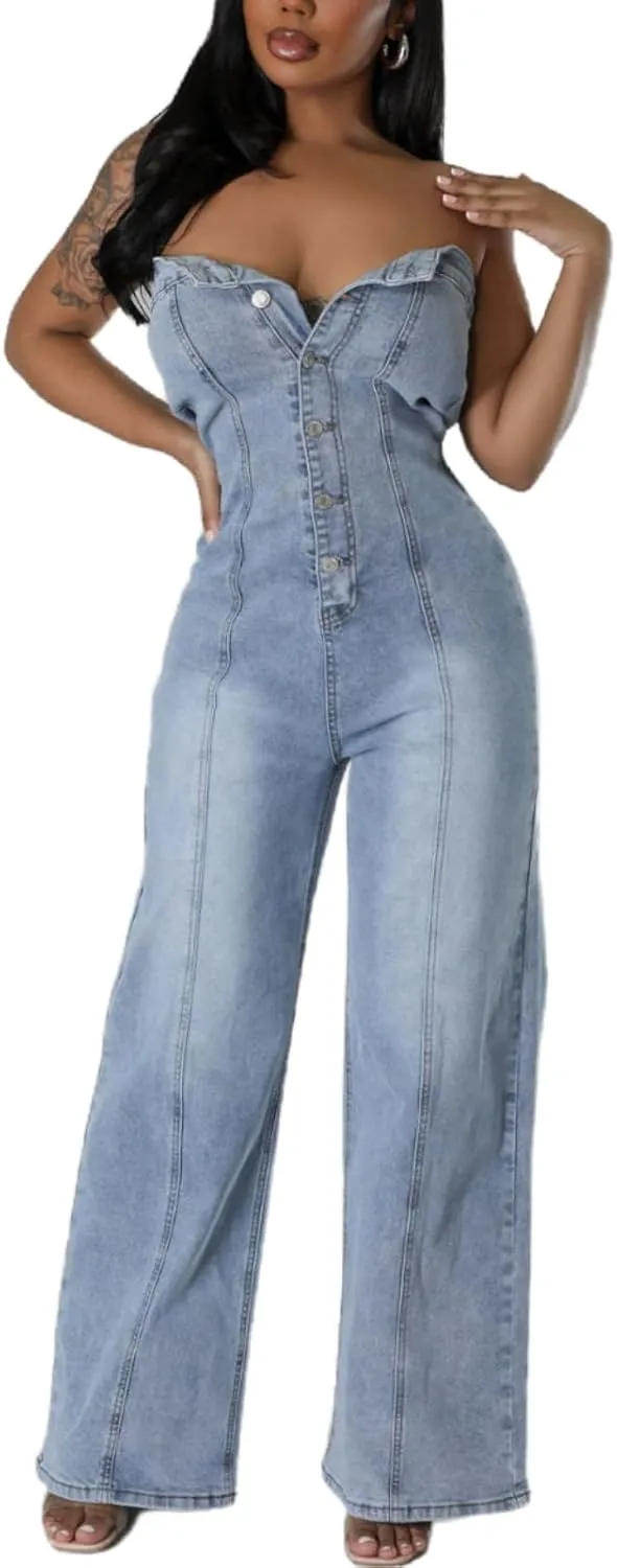 Womens Denim Jumpsuits Button Sleeveless Tube Top Wide Leg Jeans Summer Going Out Jumpsuits