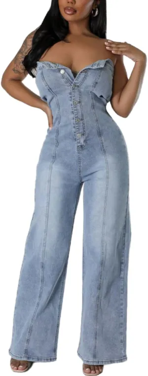Womens Denim Jumpsuits Button Sleeveless Tube Top Wide Leg Jeans Summer Going Out Jumpsuits