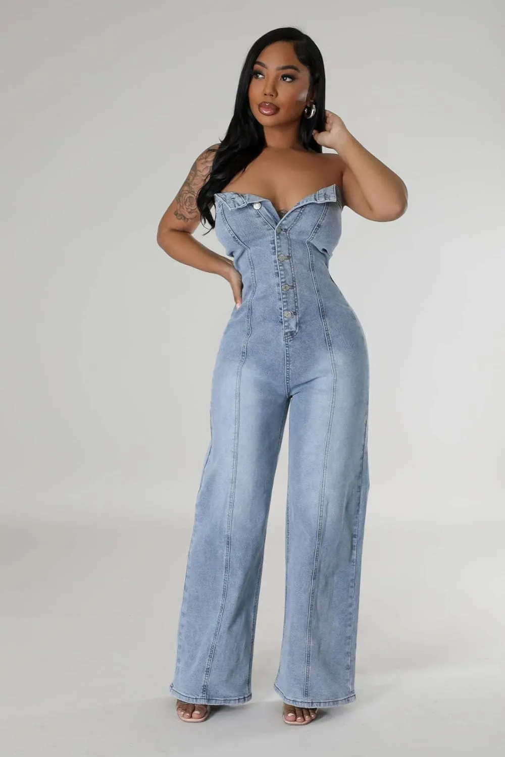 Womens Denim Jumpsuits Button Sleeveless Tube Top Wide Leg Jeans Summer Going Out Jumpsuits