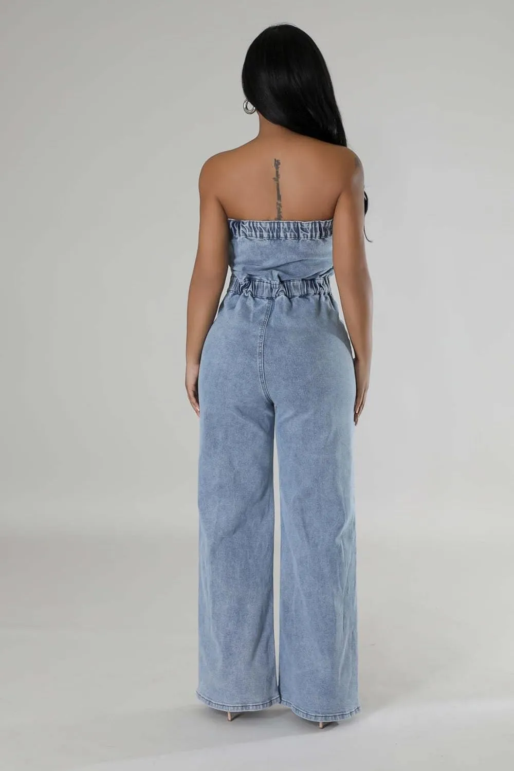 Womens Denim Jumpsuits Button Sleeveless Tube Top Wide Leg Jeans Summer Going Out Jumpsuits