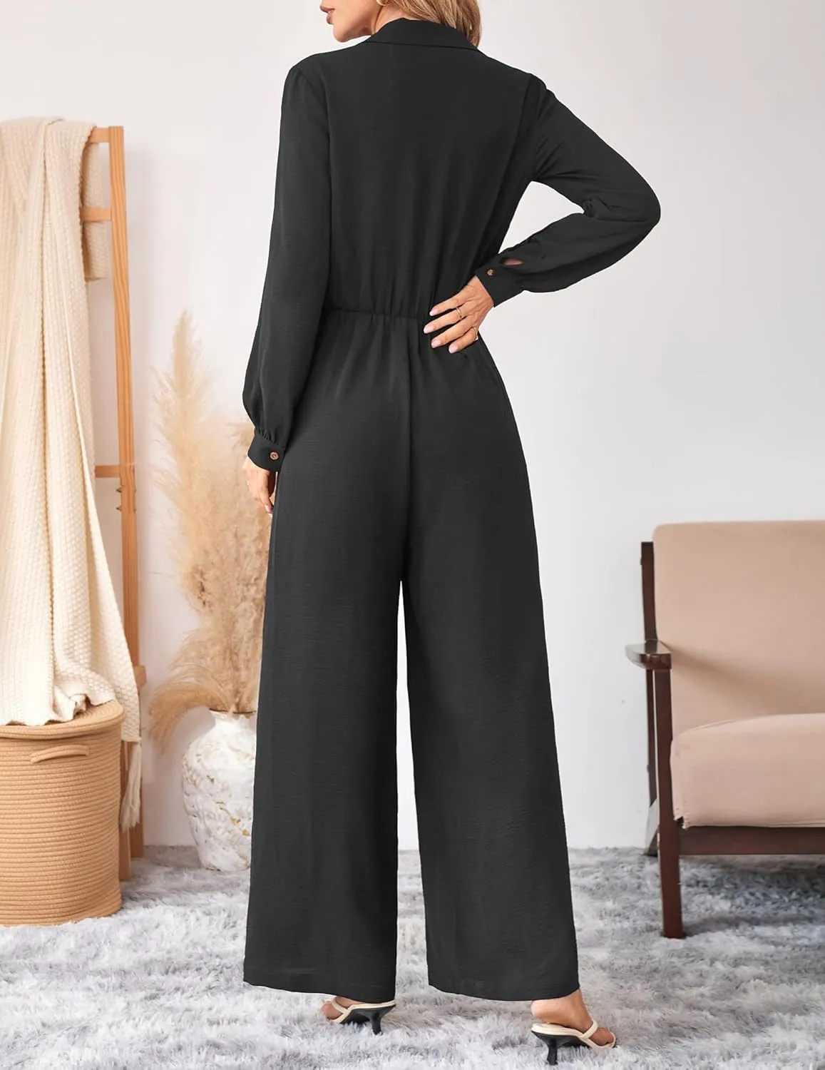 Womens Dressy Jumpsuits Casual One Piece Outfit Button Long Sleeve Wrap Drawstring Waist Wide Leg Long Pants Romper