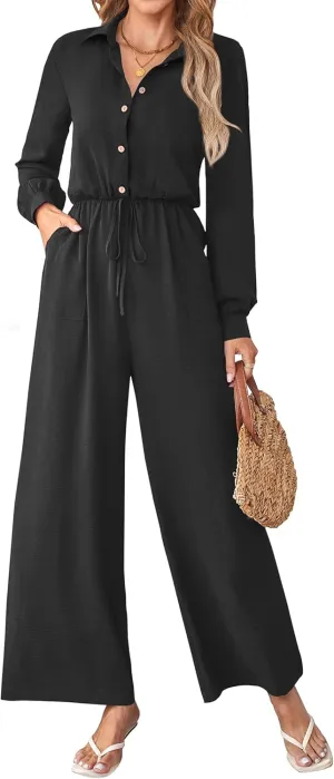 Womens Dressy Jumpsuits Casual One Piece Outfit Button Long Sleeve Wrap Drawstring Waist Wide Leg Long Pants Romper