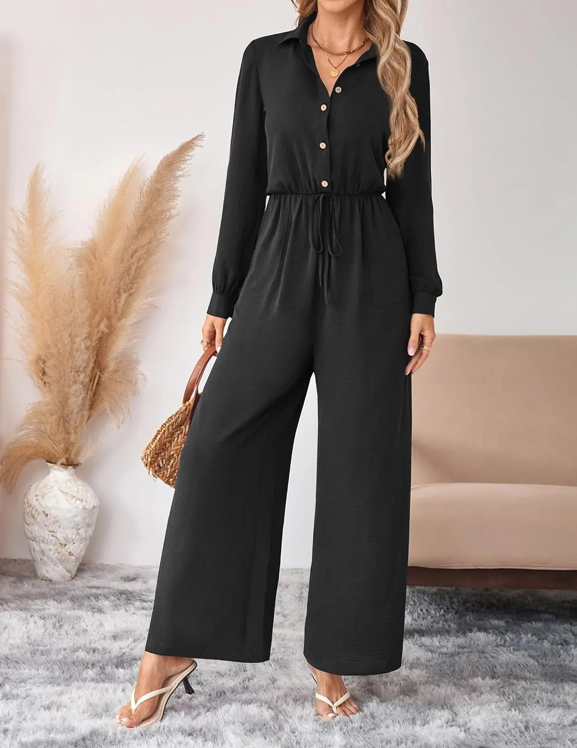 Womens Dressy Jumpsuits Casual One Piece Outfit Button Long Sleeve Wrap Drawstring Waist Wide Leg Long Pants Romper