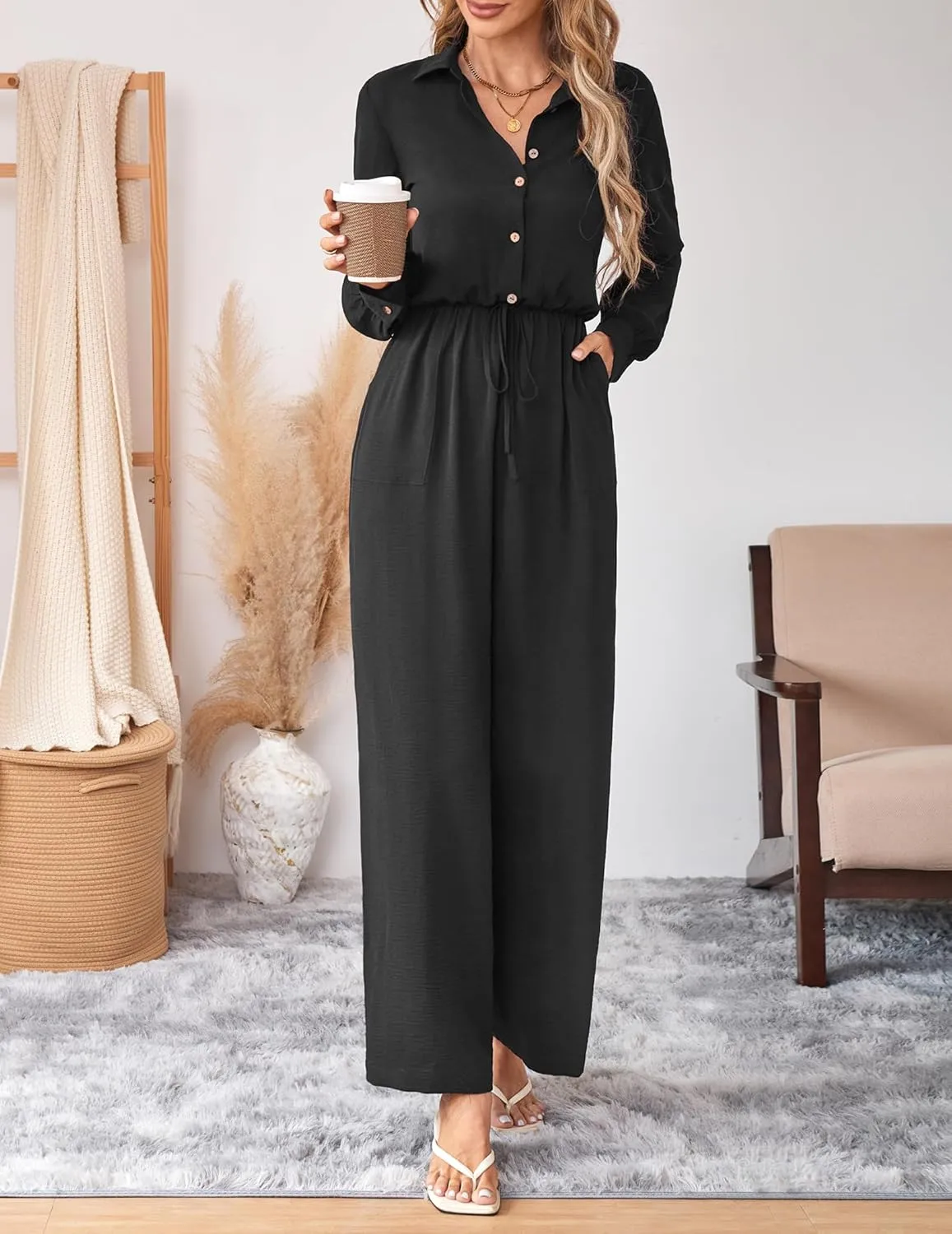 Womens Dressy Jumpsuits Casual One Piece Outfit Button Long Sleeve Wrap Drawstring Waist Wide Leg Long Pants Romper