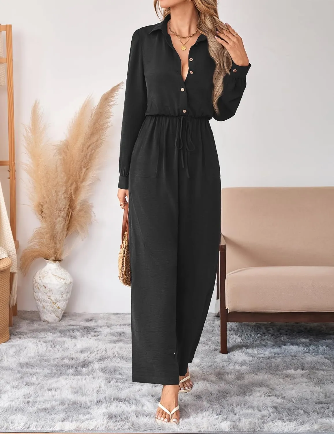Womens Dressy Jumpsuits Casual One Piece Outfit Button Long Sleeve Wrap Drawstring Waist Wide Leg Long Pants Romper