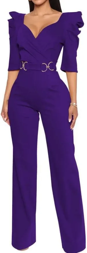 Women's Dressy Wide Leg Jumpsuit Elegant Classy Button Down Evening Party Wedding Guest Pant Suits