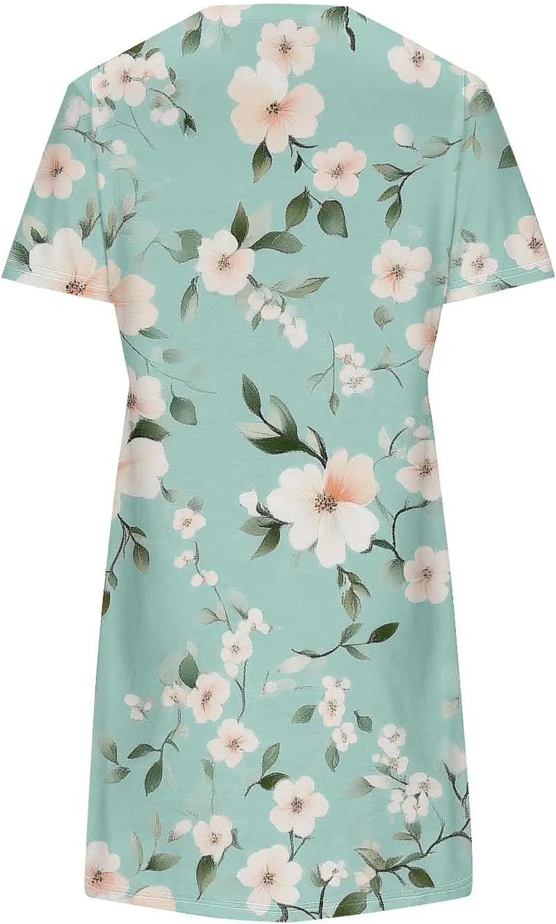 Womens Fashion Summer Shirtdress Floral Print Short Sleeve Round Neck A-Line Dresses 2025 Casual Mini Sundress