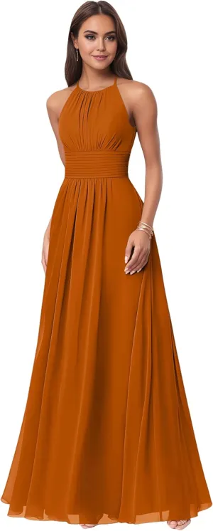 Women's Halter Chiffon Bridesmaid Dresses for Wedding A Line Sleeveless Formal Evening Gown