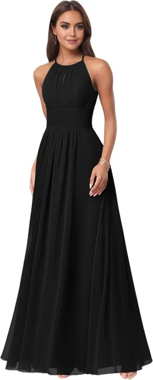 Women's Halter Chiffon Bridesmaid Dresses for Wedding A Line Sleeveless Formal Evening Gown