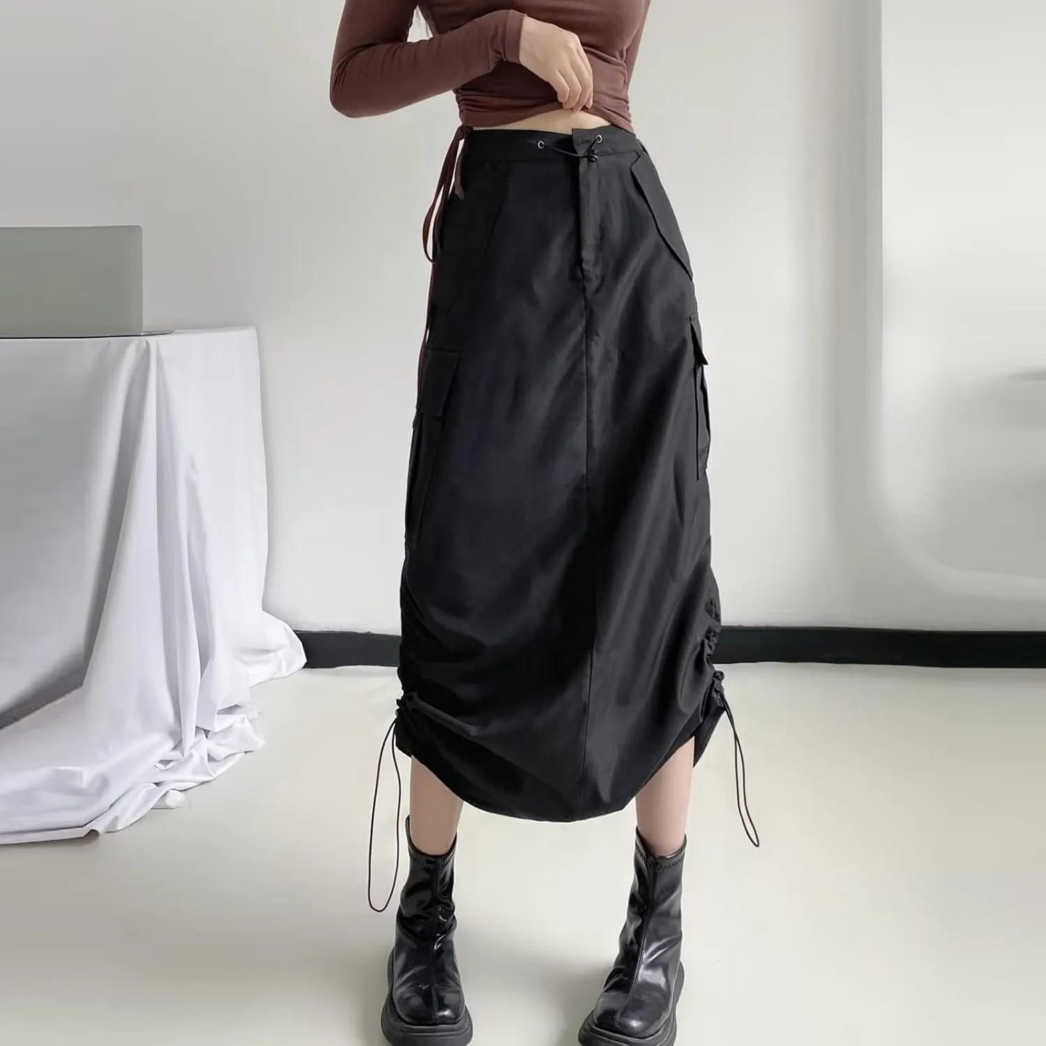 Womens High Waist Skirt Women's Loose Casual Quick Drying Pleated Drawcord Work Suit Split Skirt Midi Skirt