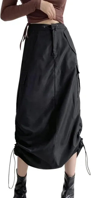 Womens High Waist Skirt Women's Loose Casual Quick Drying Pleated Drawcord Work Suit Split Skirt Midi Skirt