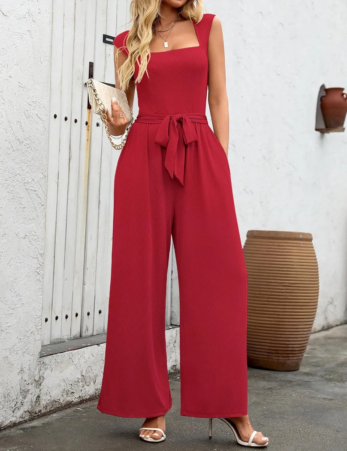 Women's Jumpsuits Dressy Casual Sleeveless Belted Long Wide Leg Pants Elegant One Piece Jumpsuit Summer