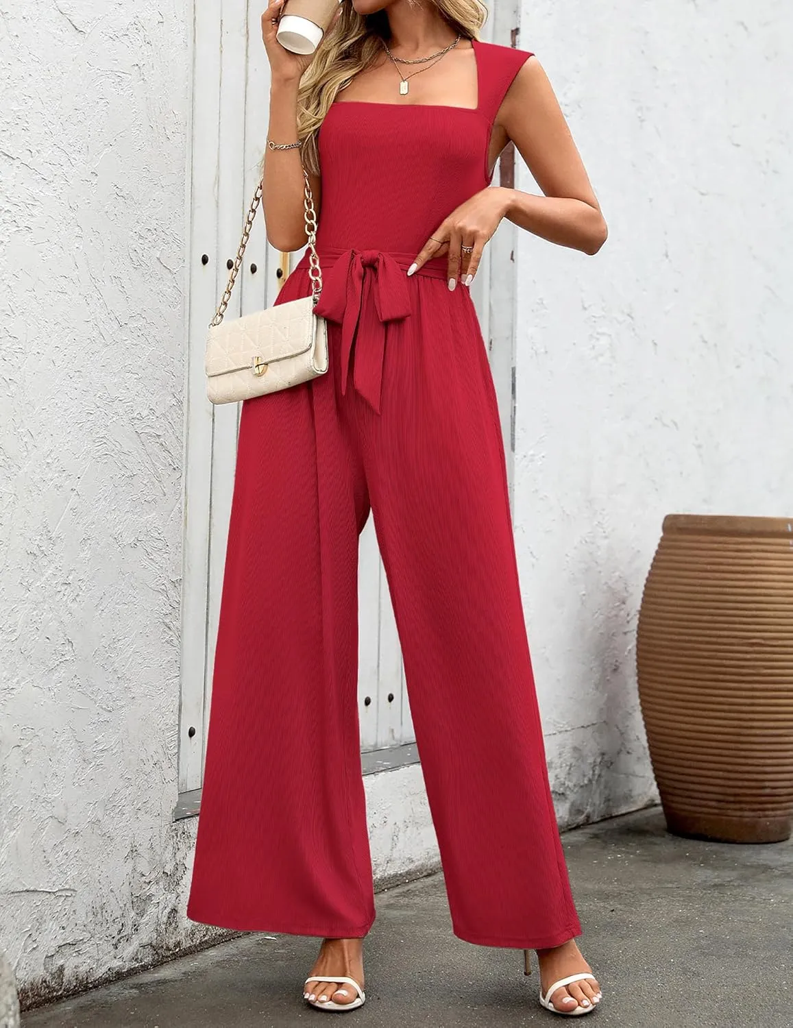 Women's Jumpsuits Dressy Casual Sleeveless Belted Long Wide Leg Pants Elegant One Piece Jumpsuit Summer