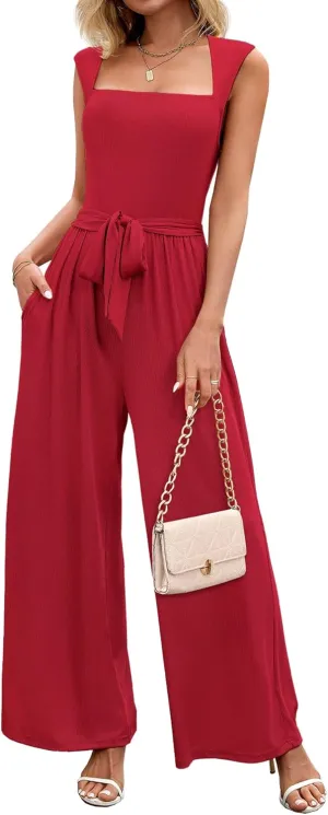 Women's Jumpsuits Dressy Casual Sleeveless Belted Long Wide Leg Pants Elegant One Piece Jumpsuit Summer