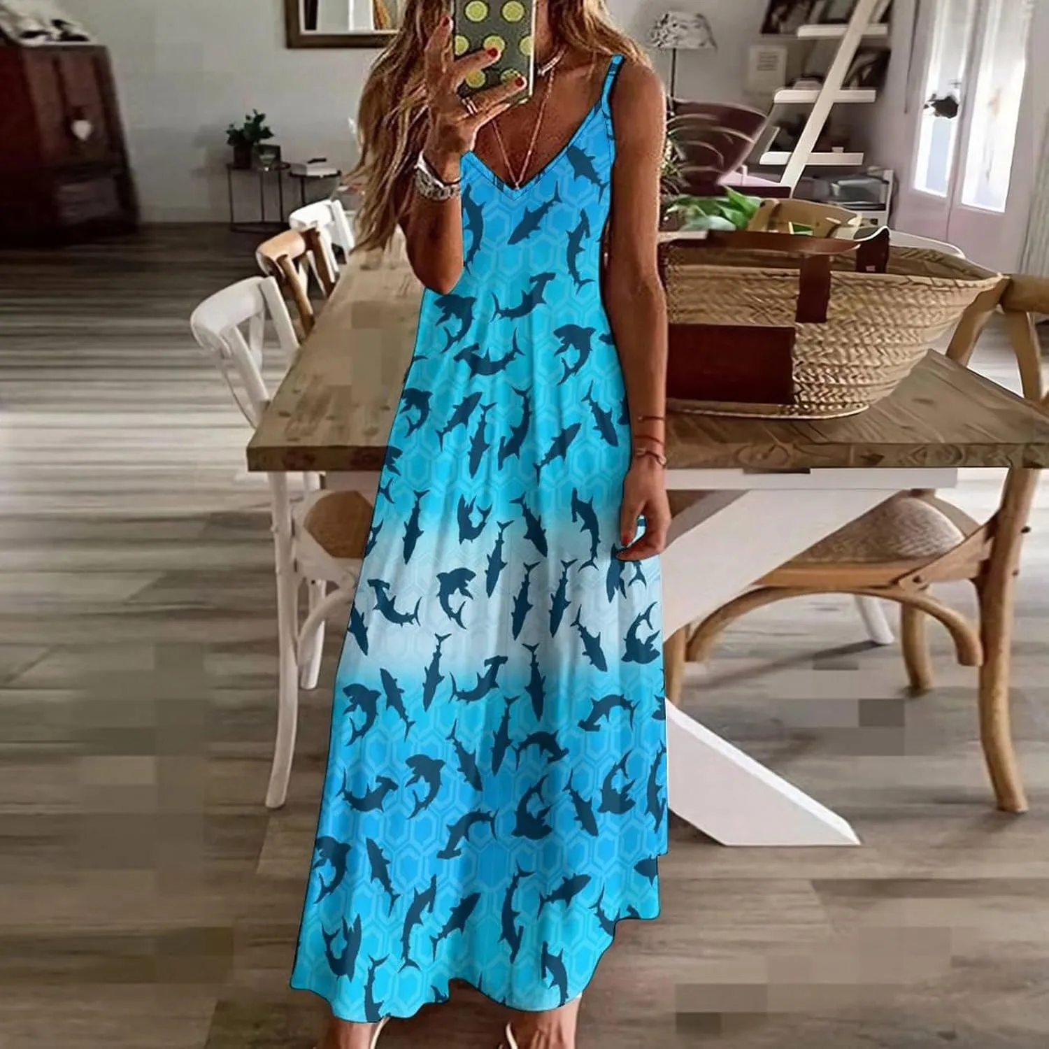 Women's Maxi Dress Tie Dye Seashell Summer Sun Dresses Casual Loose Long Dress V Neck Sleeveless Beach Dresses
