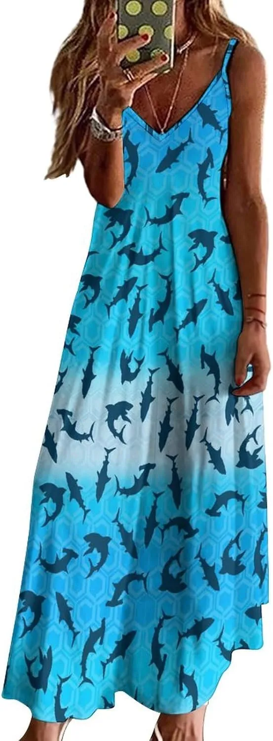 Women's Maxi Dress Tie Dye Seashell Summer Sun Dresses Casual Loose Long Dress V Neck Sleeveless Beach Dresses