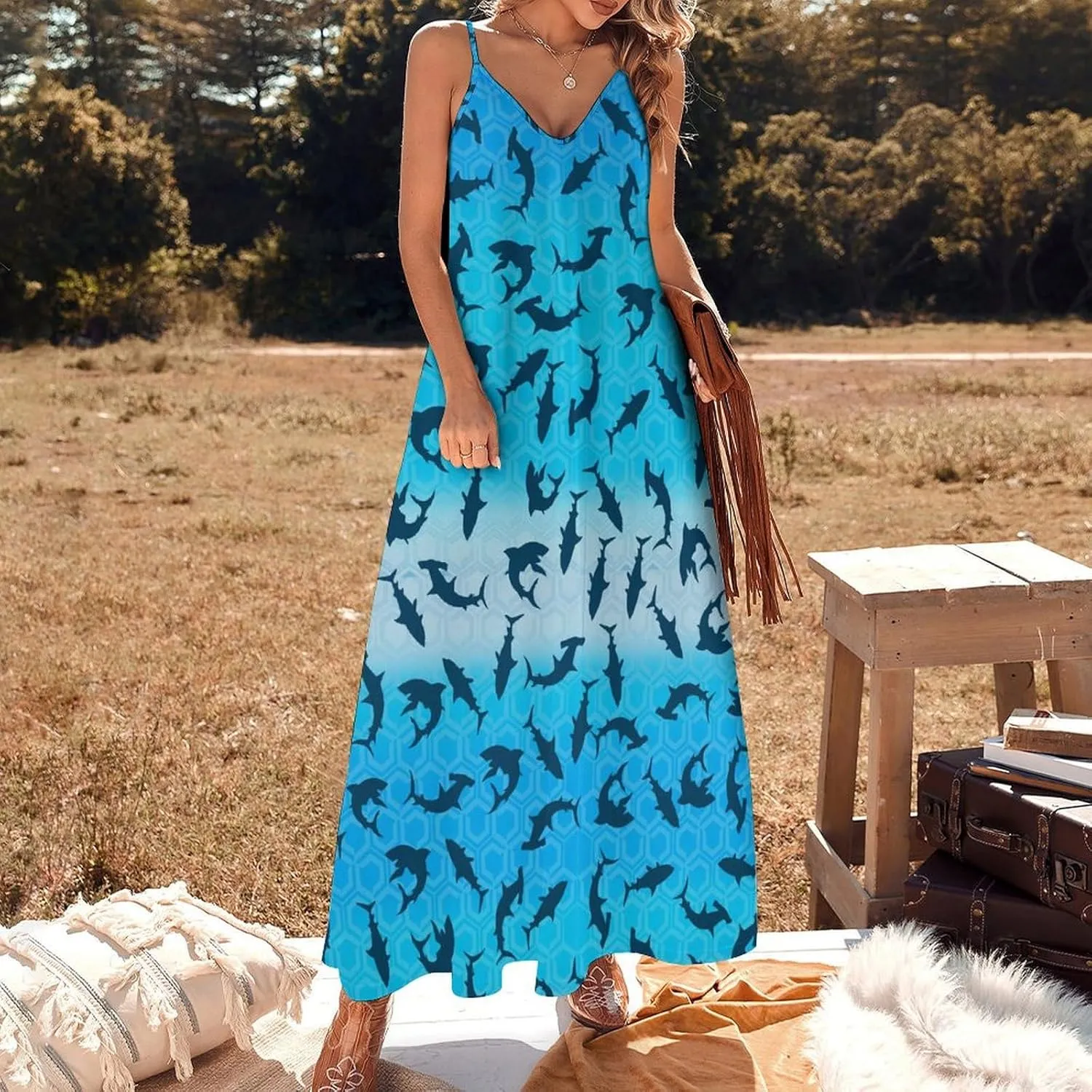 Women's Maxi Dress Tie Dye Seashell Summer Sun Dresses Casual Loose Long Dress V Neck Sleeveless Beach Dresses