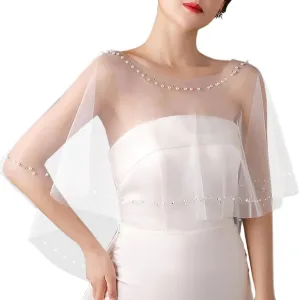 Womens Pearl Wedding Wraps Soft Tulle Bridal Scarf Evening Shawl Fashionable Wedding Accessories for Party