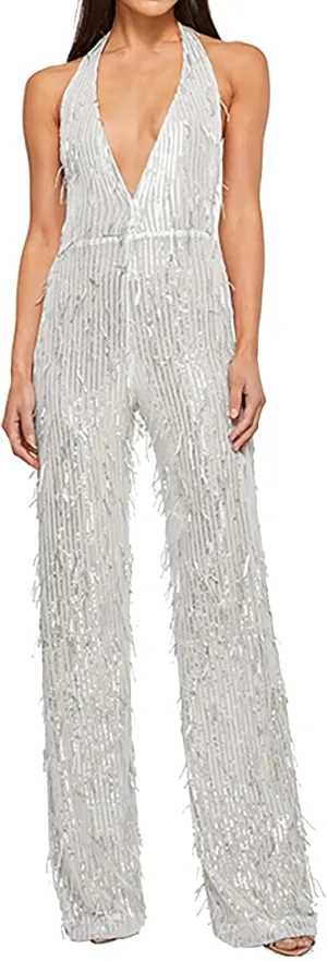Women's Sexy Deep V Neck Jumpsuits Halter Sequin Glitter Sparkly Rompers Dressy Backless Slim Pants Party Outfits