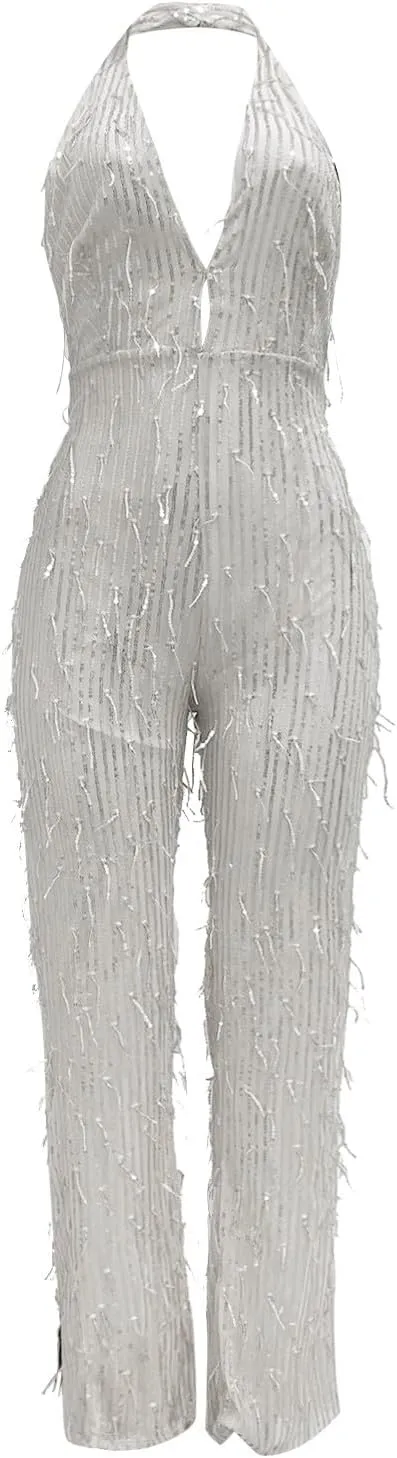 Women's Sexy Deep V Neck Jumpsuits Halter Sequin Glitter Sparkly Rompers Dressy Backless Slim Pants Party Outfits