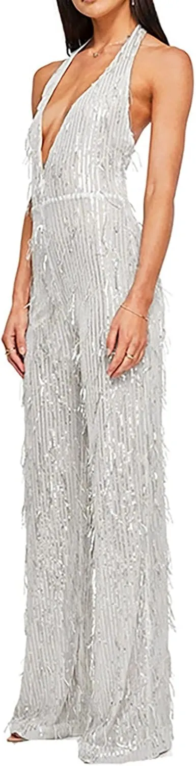Women's Sexy Deep V Neck Jumpsuits Halter Sequin Glitter Sparkly Rompers Dressy Backless Slim Pants Party Outfits