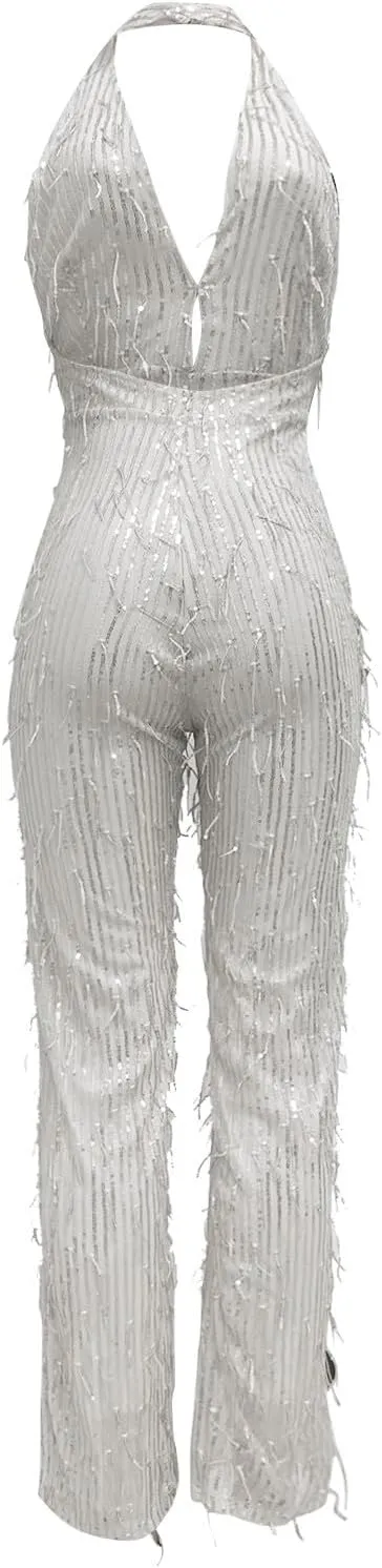 Women's Sexy Deep V Neck Jumpsuits Halter Sequin Glitter Sparkly Rompers Dressy Backless Slim Pants Party Outfits