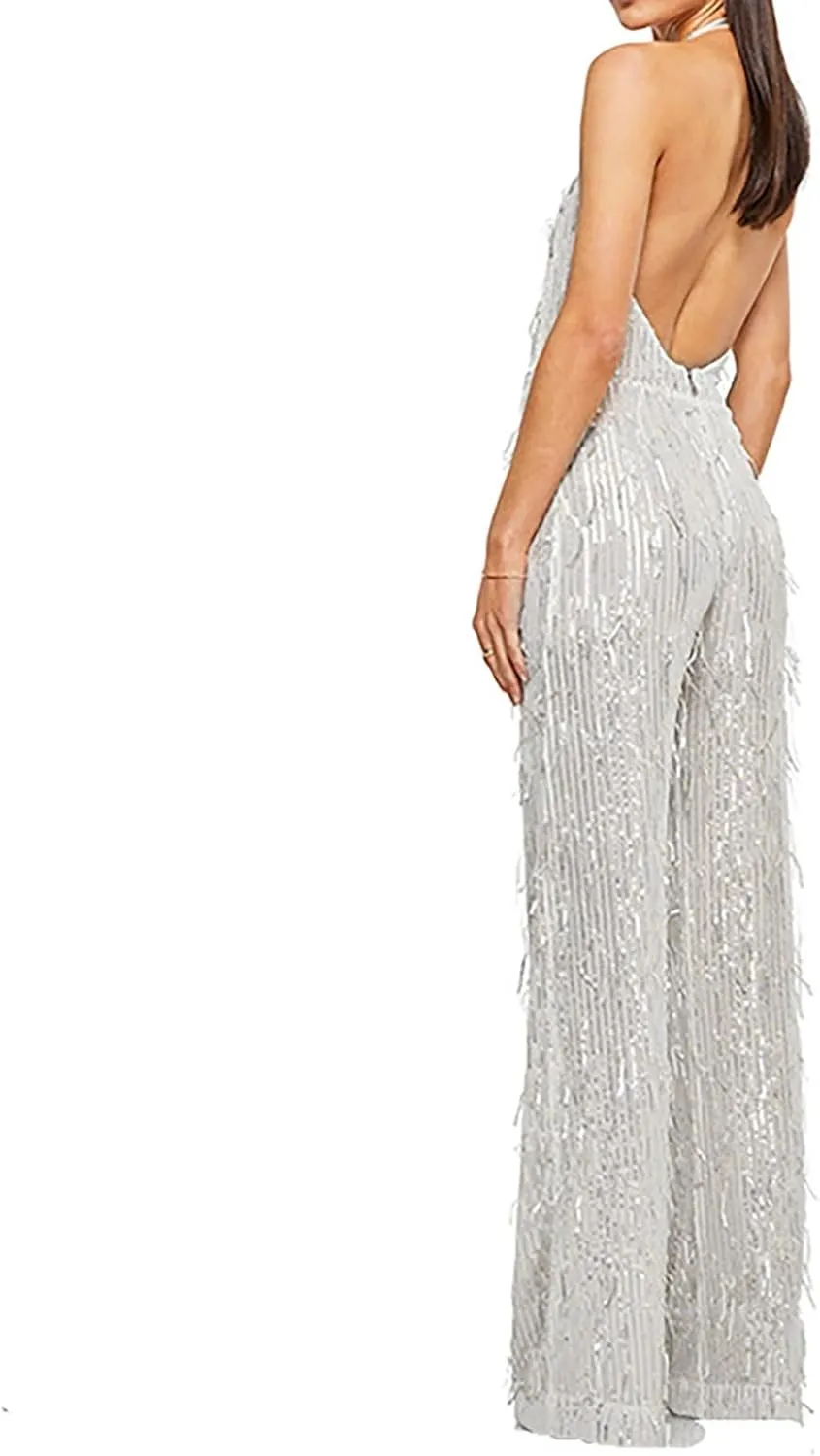 Women's Sexy Deep V Neck Jumpsuits Halter Sequin Glitter Sparkly Rompers Dressy Backless Slim Pants Party Outfits