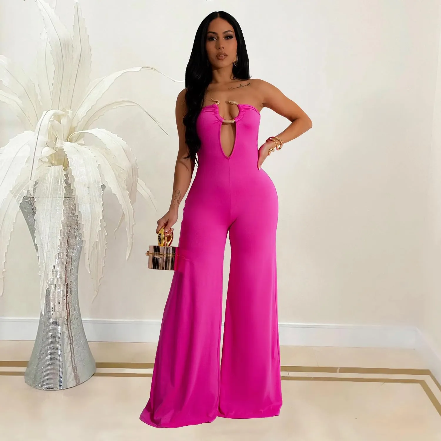 Womens Sexy Jumpsuits Snake Sleeveless Top Long Pants Solid Color Summer Going Out Jumpsuits