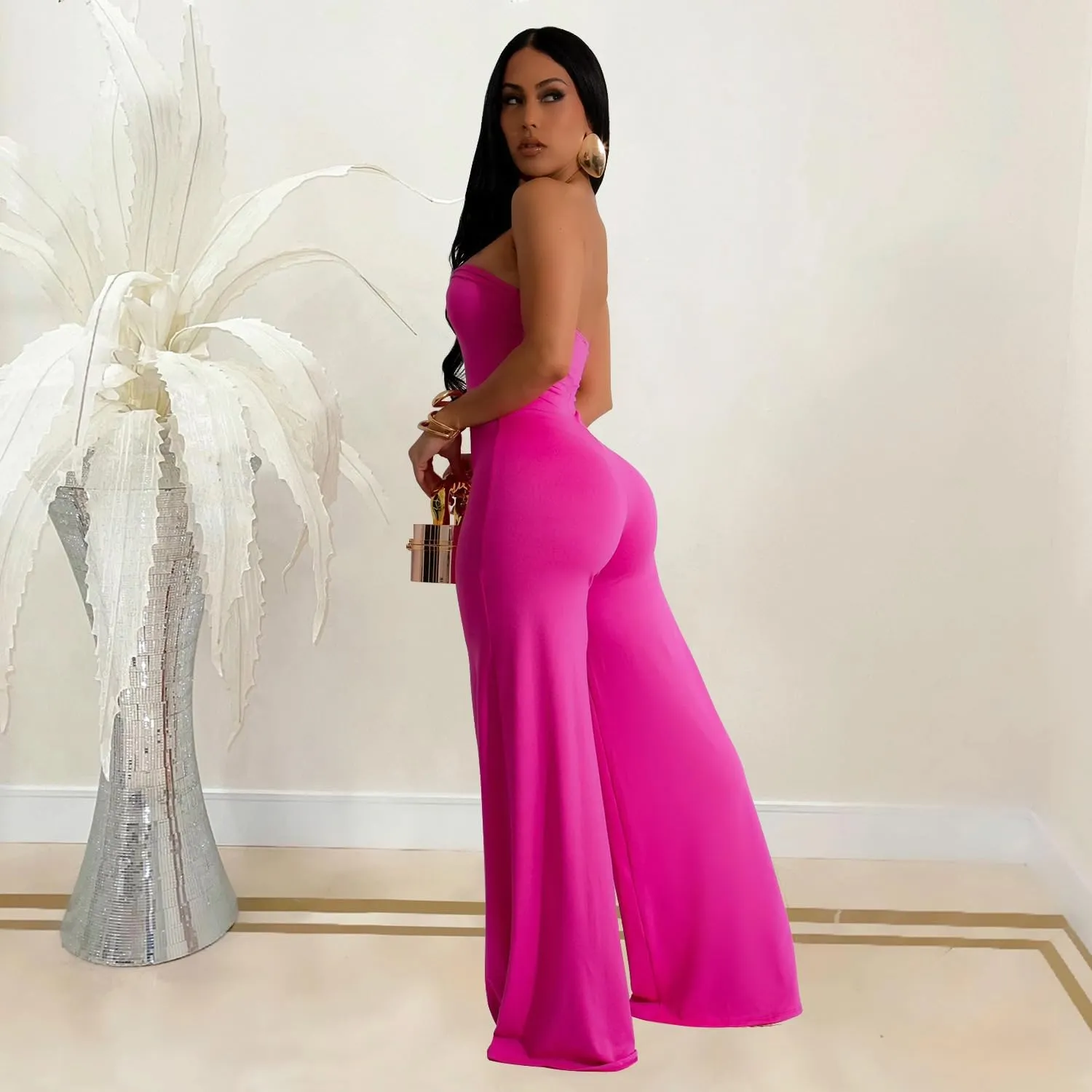 Womens Sexy Jumpsuits Snake Sleeveless Top Long Pants Solid Color Summer Going Out Jumpsuits
