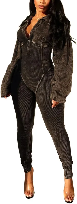 Womens Sexy Jumpsuits V Neck Long Sleeve Slim Bodycon Jumpsuits Going Out Casual Jumpsuits