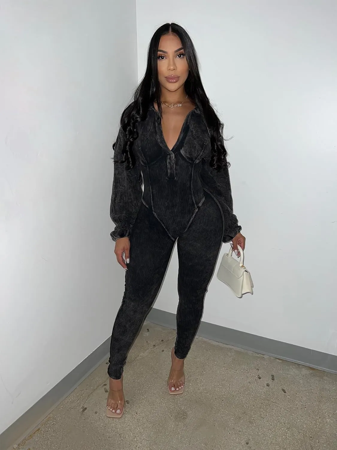 Womens Sexy Jumpsuits V Neck Long Sleeve Slim Bodycon Jumpsuits Going Out Casual Jumpsuits