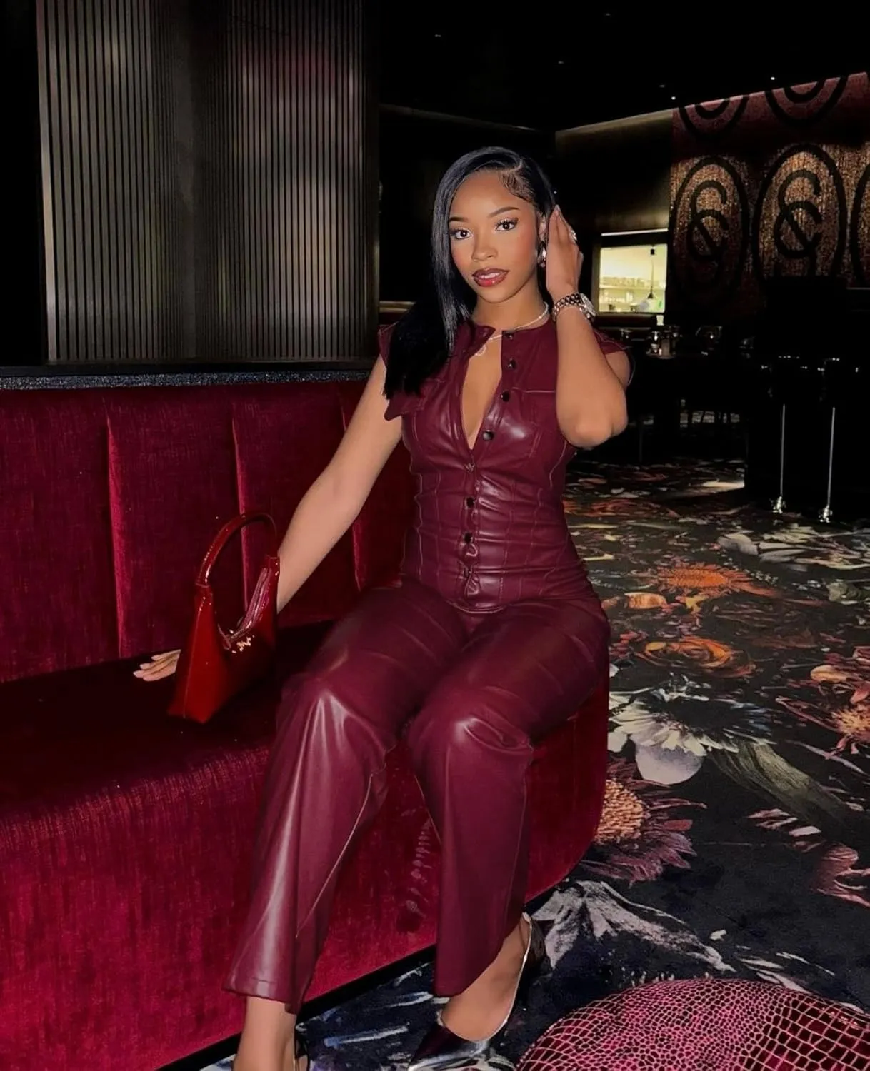 Womens Sexy PU Leather Jumpsuit Button Sleeveless Top Tight Waist Wide Leg Pants One Piece Jumpsuits