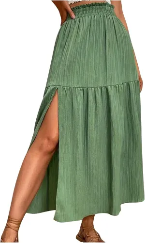 Womens Split Maxi Skirt Swing Ruffle High Waist Pleated Pencil Long Skirt Elastic Flowy Boho Beach Midi Skirt