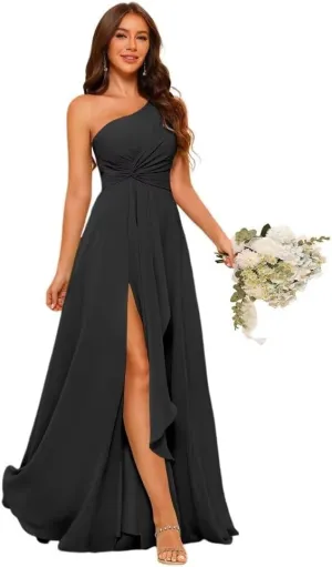Women's Split One Shoulder Bridesmaid Dresses Long with Pockets Pleated Chiffon Formal Dresses BF20