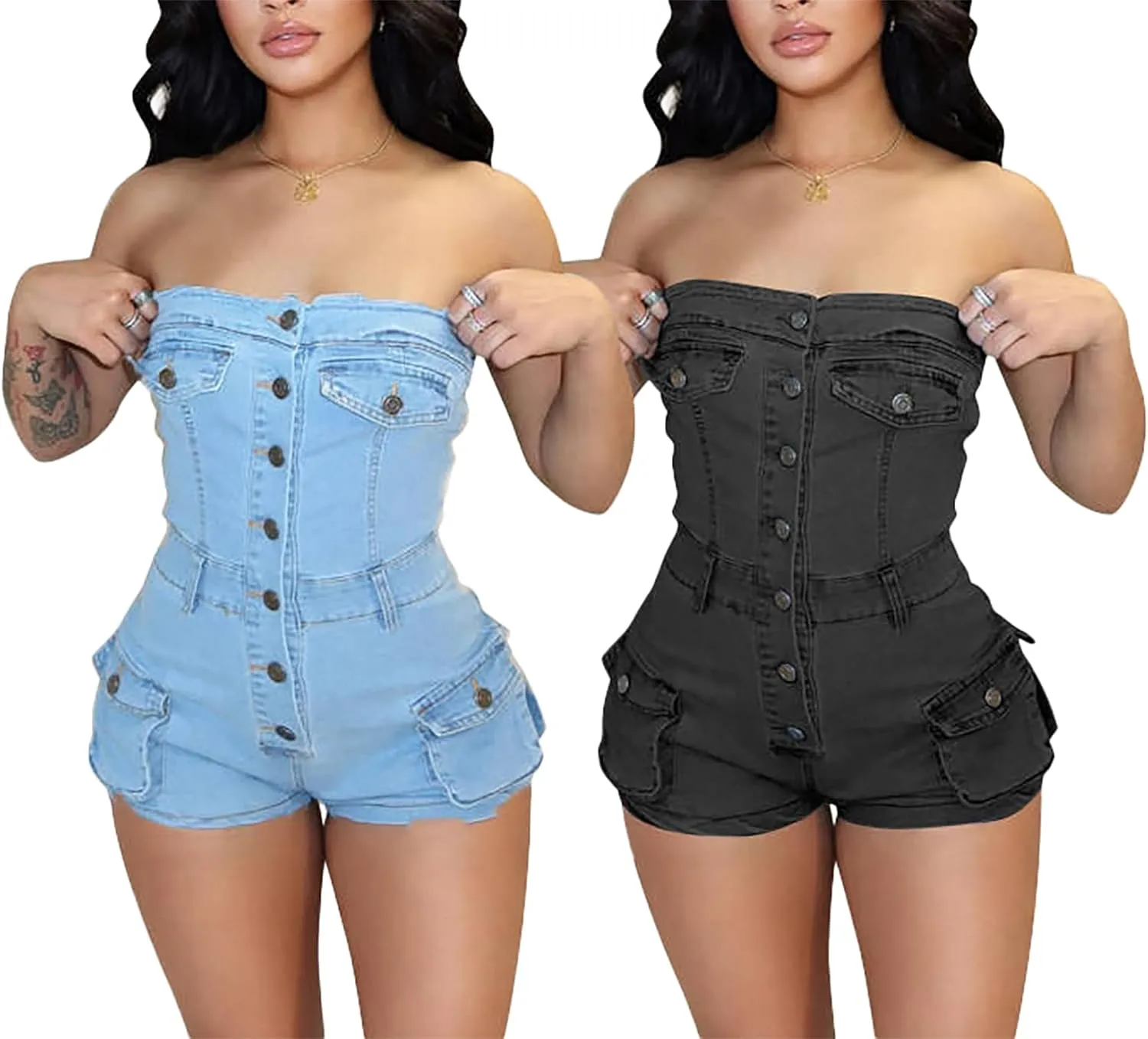 Women's Summer Denim Jumpsuit Sexy Sleeveless Jean Short Rompers with Pockets