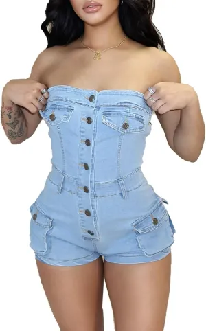 Women's Summer Denim Jumpsuit Sexy Sleeveless Jean Short Rompers with Pockets