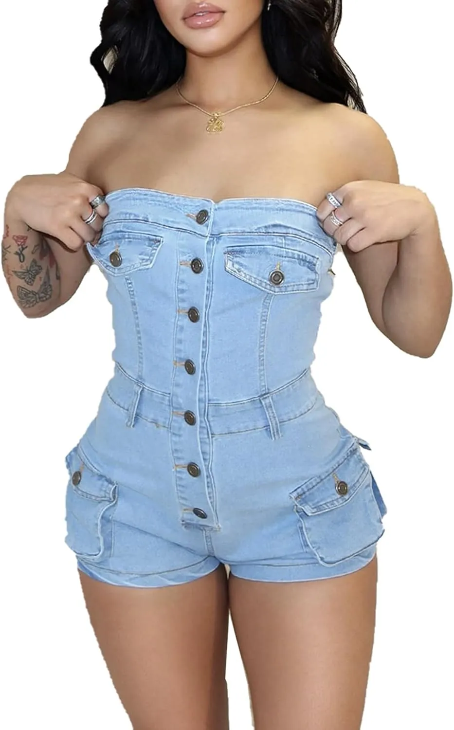 Women's Summer Denim Jumpsuit Sexy Sleeveless Jean Short Rompers with Pockets