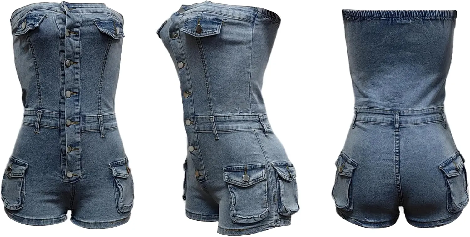 Women's Summer Denim Jumpsuit Sexy Sleeveless Jean Short Rompers with Pockets