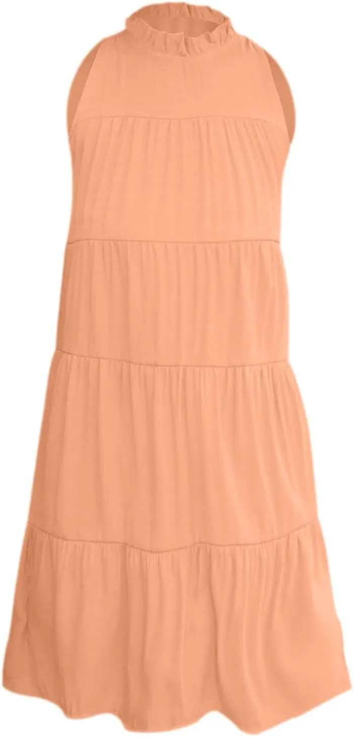 Womens Summer Dresses 2025 Casual Halter Sundress Sleeveless Flowy Mini Babydoll Tiered Pleated Beach Dress