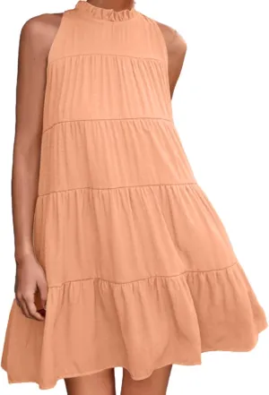 Womens Summer Dresses 2025 Casual Halter Sundress Sleeveless Flowy Mini Babydoll Tiered Pleated Beach Dress