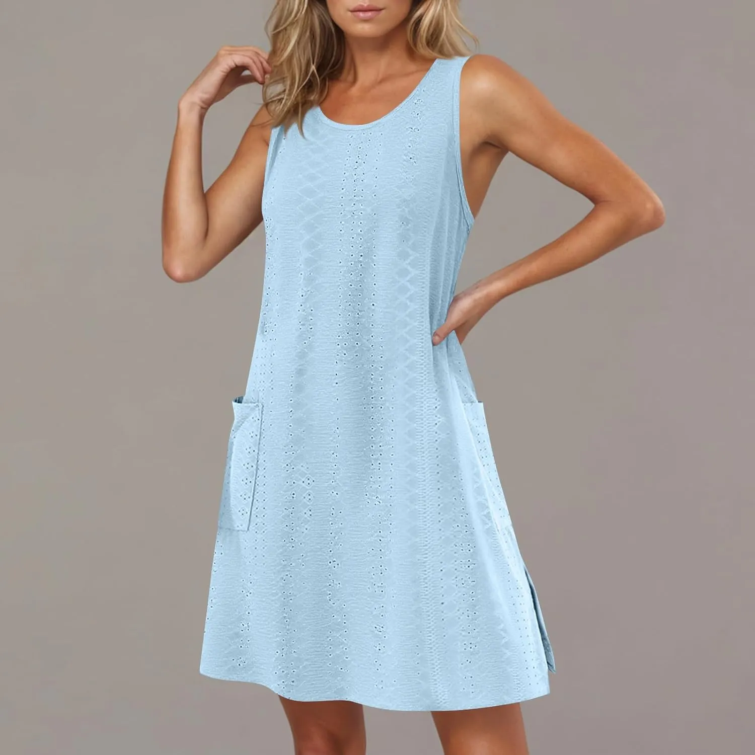 Womens Summer Eyelet Dresses 2025 Swimsuit Coverup with Pockets Casual Beach Vacation Sundresses Sleeveless Tank Dress