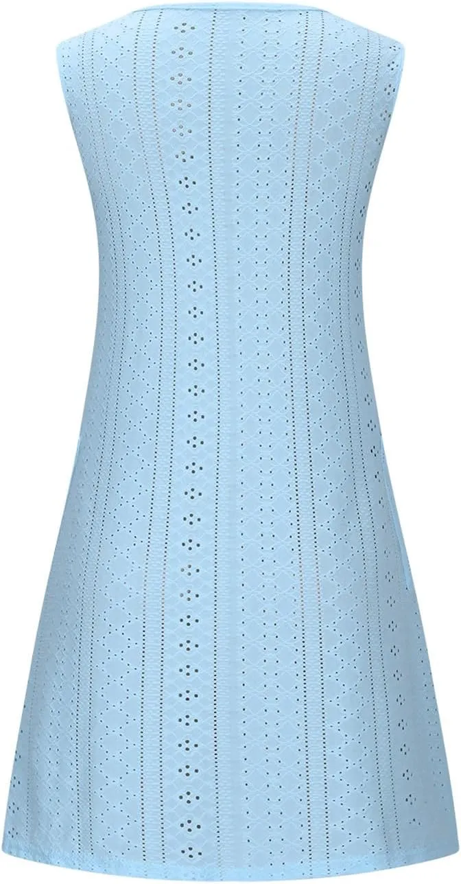 Womens Summer Eyelet Dresses 2025 Swimsuit Coverup with Pockets Casual Beach Vacation Sundresses Sleeveless Tank Dress
