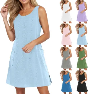 Womens Summer Eyelet Dresses 2025 Swimsuit Coverup with Pockets Casual Beach Vacation Sundresses Sleeveless Tank Dress