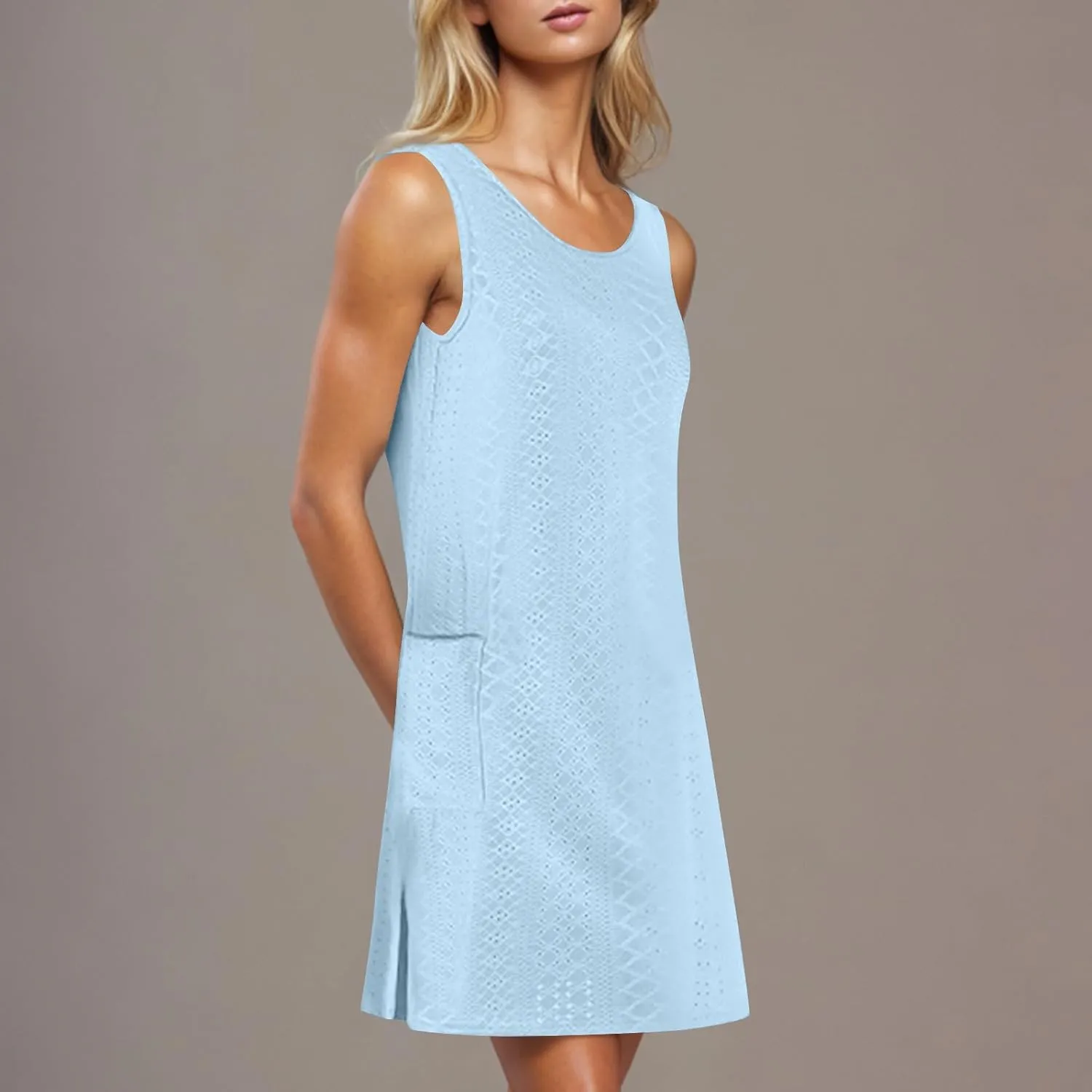 Womens Summer Eyelet Dresses 2025 Swimsuit Coverup with Pockets Casual Beach Vacation Sundresses Sleeveless Tank Dress