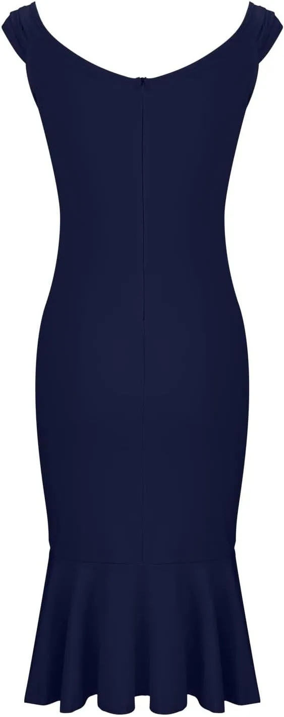 Womens V-Neck Midi Dress Solid Color Elegant Off Shoulder Blouson Dress Ruffle Sheath Dress Sexy Party Prom Dress