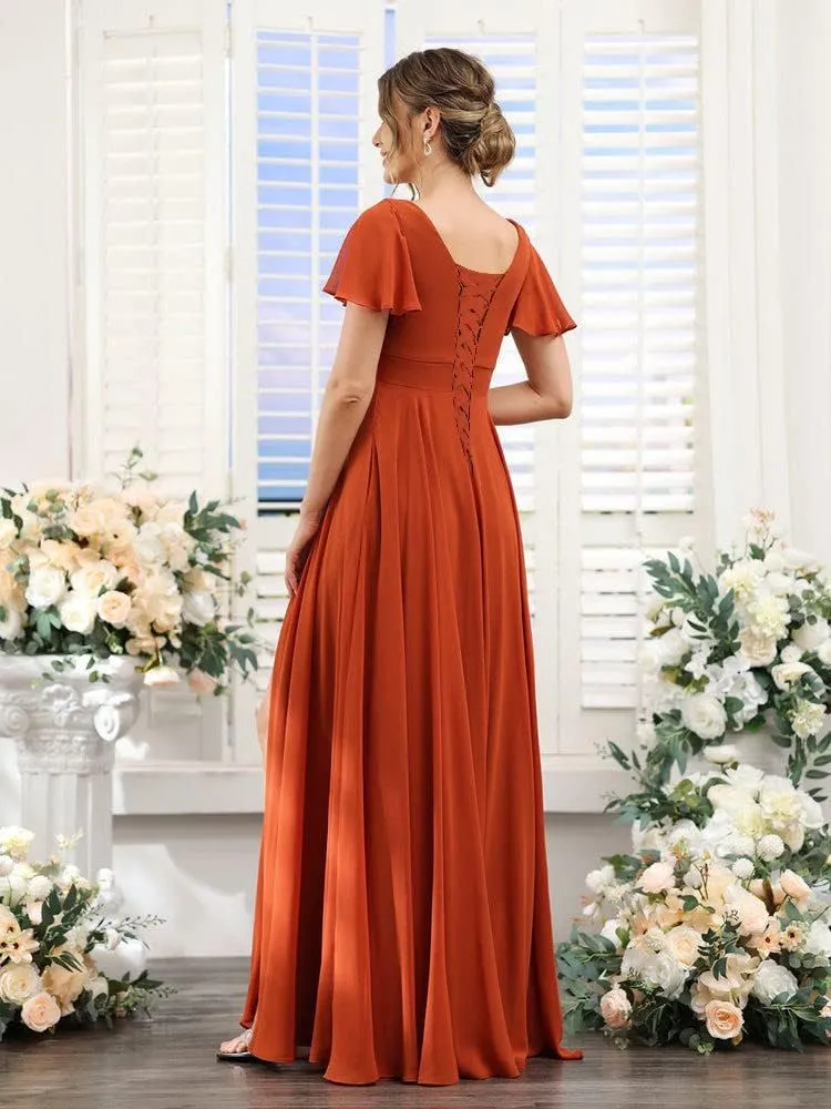 Women's V Neck Short Sleeve Bridesmaid Dresses Long Pleats Chiffon High Slit Formal Dress with Pockets DI001