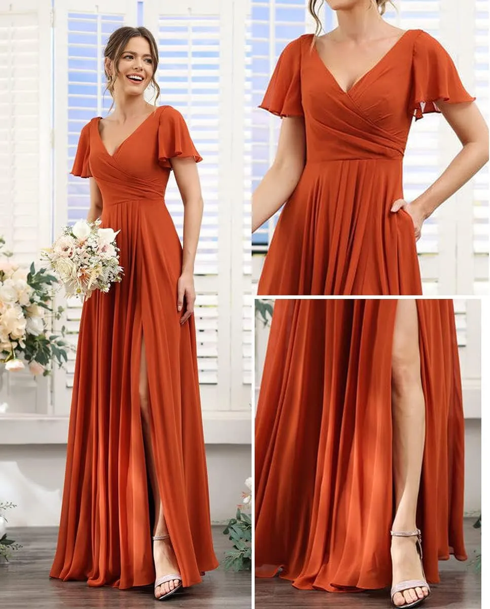 Women's V Neck Short Sleeve Bridesmaid Dresses Long Pleats Chiffon High Slit Formal Dress with Pockets DI001